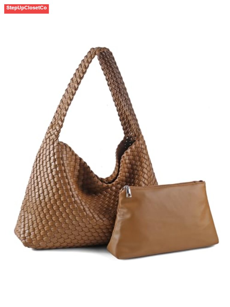 Vegan Leather Woven Hobo Tote Bag With Pouch, Wide Strap, Large Capacity